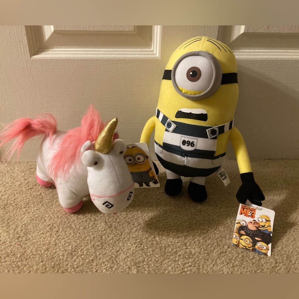 Lot 2 Brand New Despicable Me Plushes (Prisoner Minion Stuart, Fluffy Unicorn)